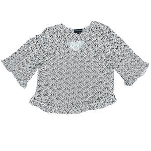 Cynthia Rowley Black, White, and Blue V-Neck Floral Blouse Size Medium